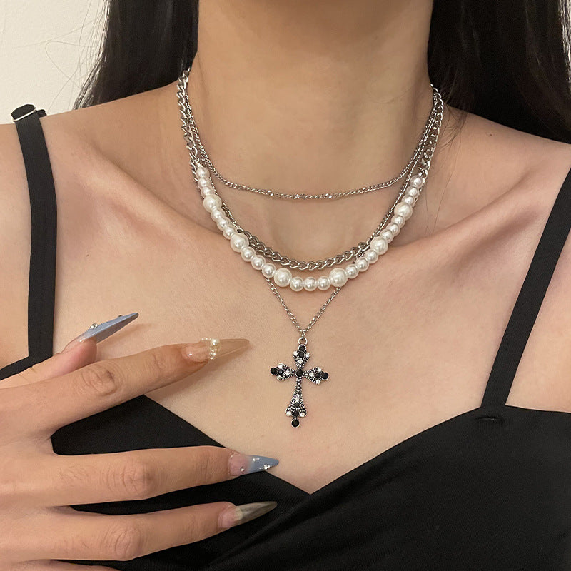 Multi-Layered Pearl Cross Pendant Necklace