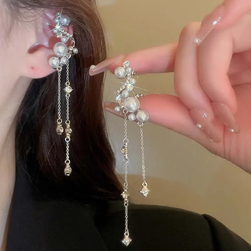 1 Pair Sliver Color Pearl Tassel Ear Clips for Women