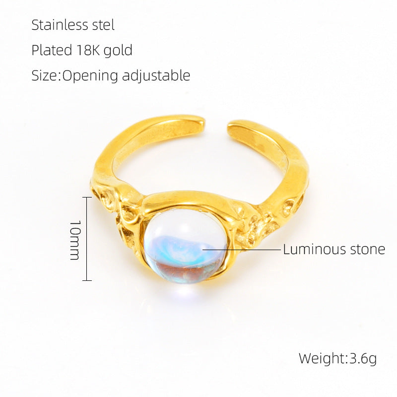 Retro Titanium Steel Moonstone Ring Hip Hop Irregular Geometry