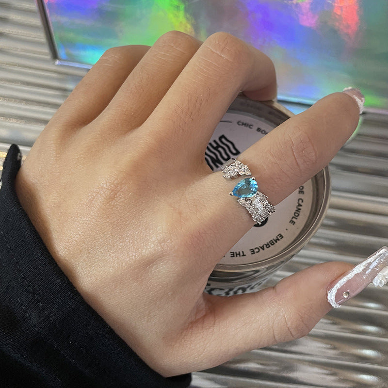 Blue Zircon Heart Water Drop Ring