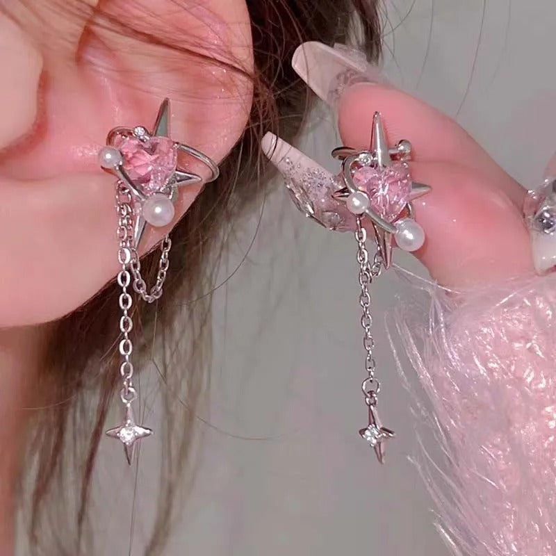 1Pcs Pink Crystal Heart Star Ear Clip