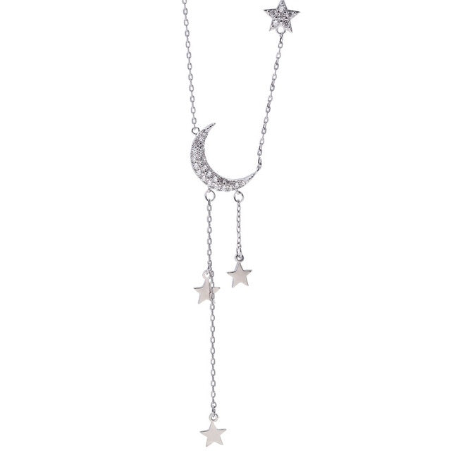 Silver star moon tassel necklace female