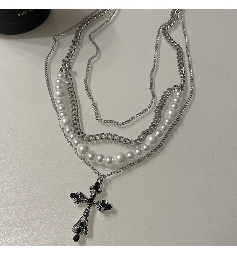 Multi-Layered Pearl Cross Pendant Necklace