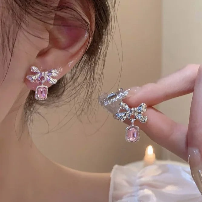 Shiny Pink Crystal Heart Tassel Earrings