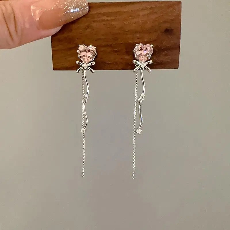 Shiny Pink Crystal Heart Tassel Earrings