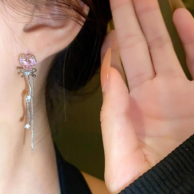 Shiny Pink Crystal Heart Tassel Earrings