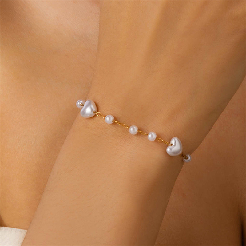 Love Heart Imitation Pearl Bracelet Anklet Suit Women's