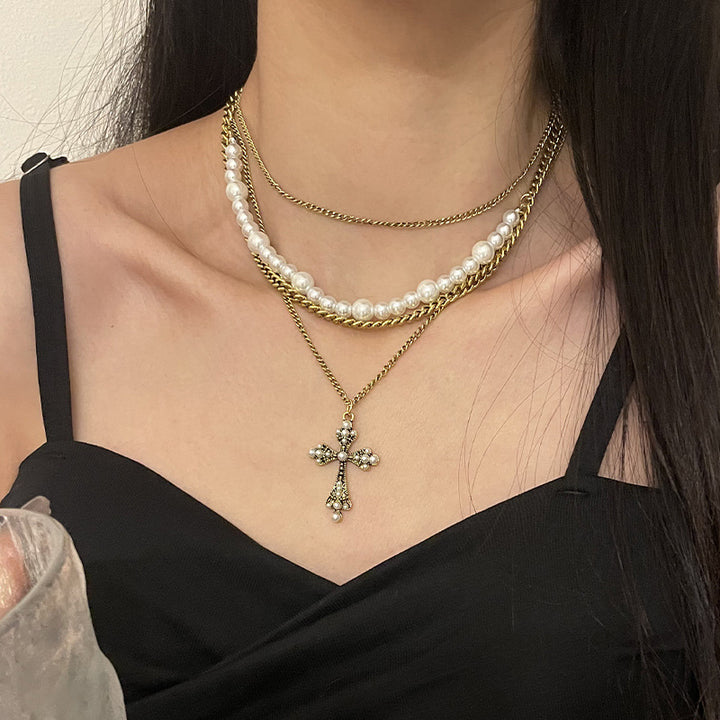 Multi-Layered Pearl Cross Pendant Necklace