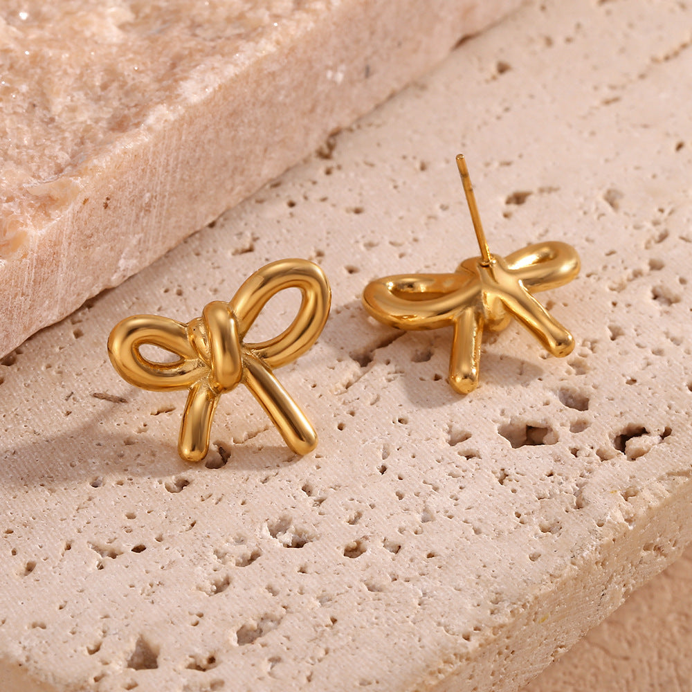 Glossy Gold Bow Stud Earrings