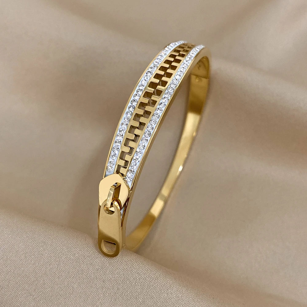 Original Zipper Charm Bangle - Gold Plated Stainless Steel Bracelet for Women