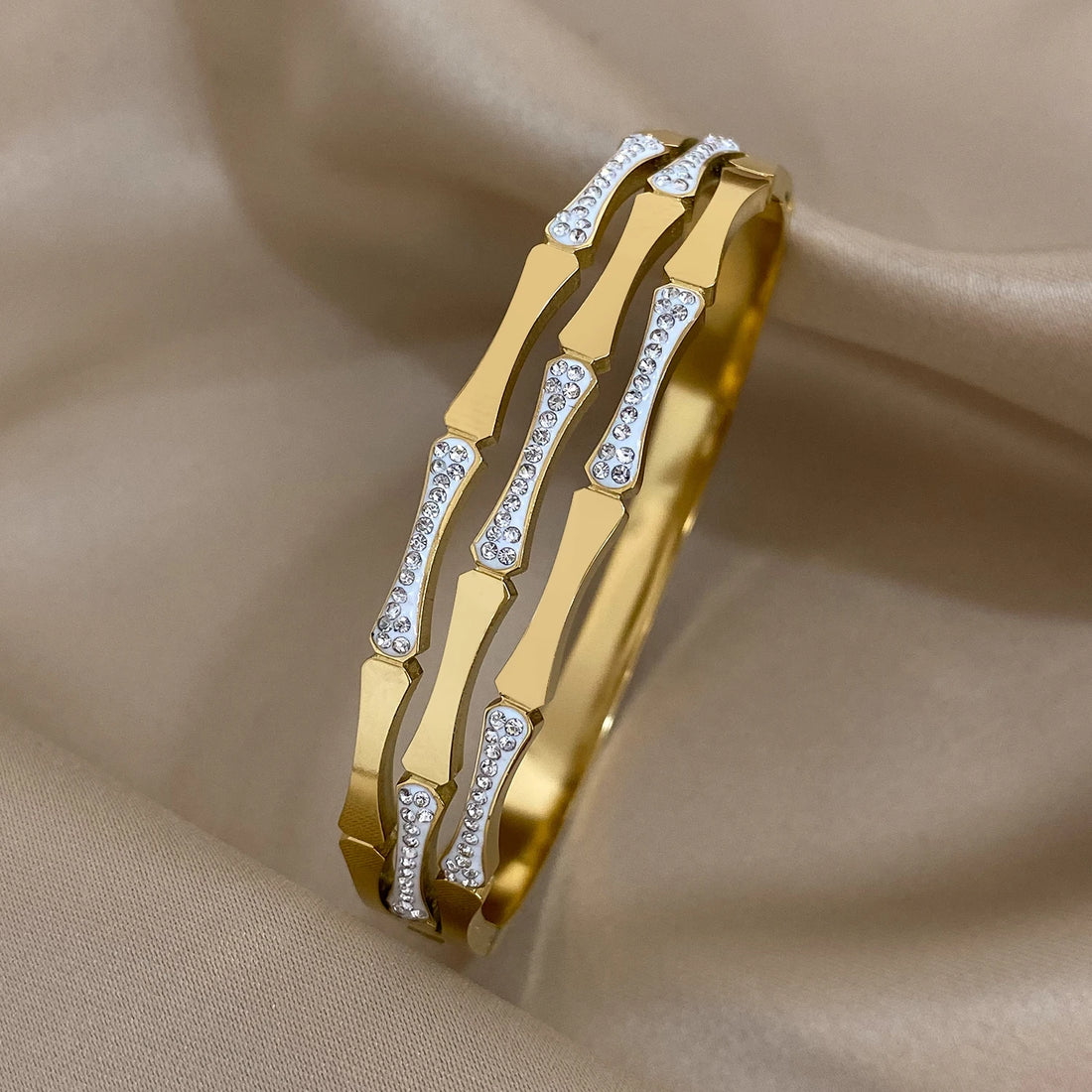 Luxury Stainless Steel Cuff Bracelet - Gold & Silver Couples Bangle with Rhinestones