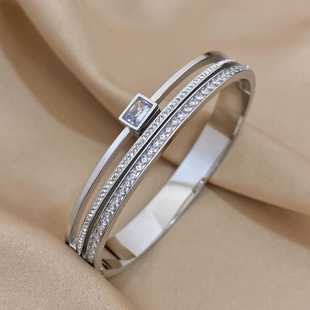 Luxury Stainless Steel Cuff Bracelet - Gold & Silver Couples Bangle with Rhinestones