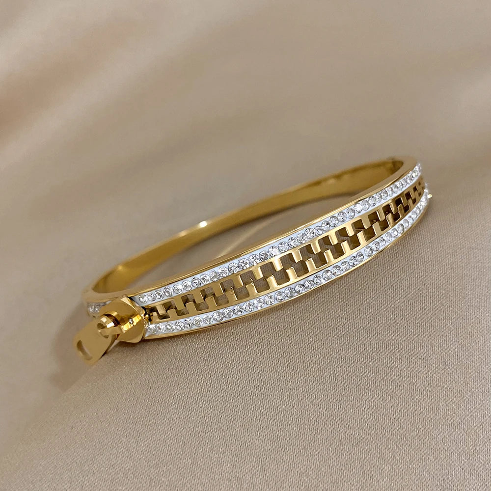 Original Zipper Charm Bangle - Gold Plated Stainless Steel Bracelet for Women