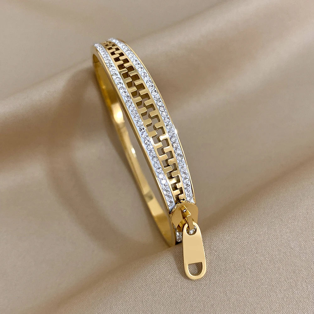 Original Zipper Charm Bangle - Gold Plated Stainless Steel Bracelet for Women