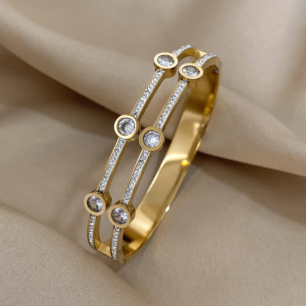 Luxury Stainless Steel Cuff Bracelet - Gold & Silver Couples Bangle with Rhinestones