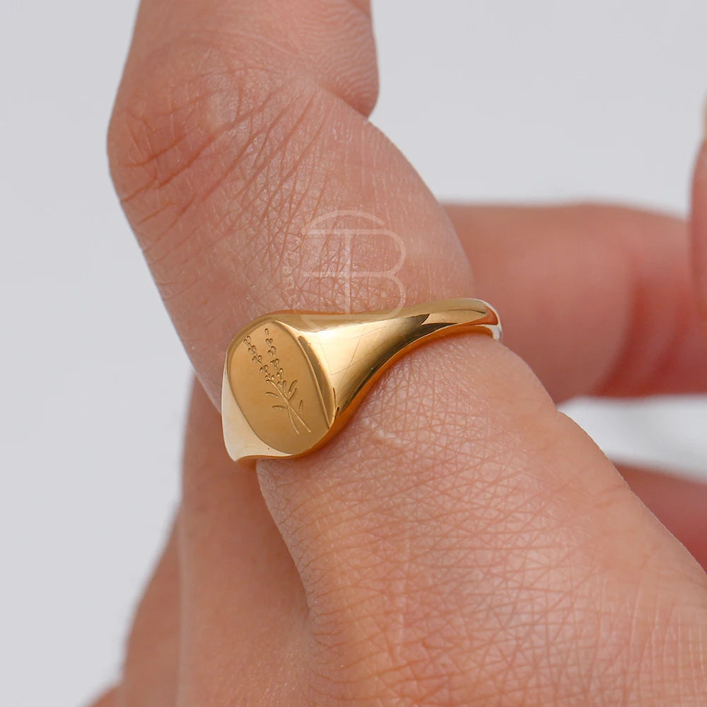 E.B.belle Tarnish-Free 18K Gold Plated Wildflower Signet Rings for Women