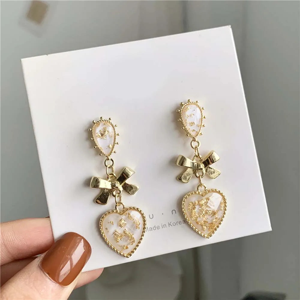 Golden Bowknot Heart Resin Earrings – Korean Valentine's Day Jewelry Gift