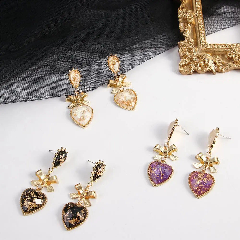 Golden Bowknot Heart Resin Earrings – Korean Valentine's Day Jewelry Gift