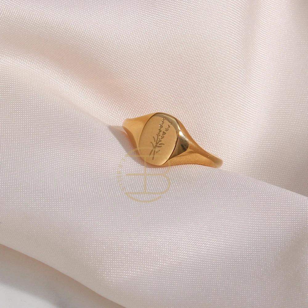 E.B.belle Tarnish-Free 18K Gold Plated Wildflower Signet Rings for Women