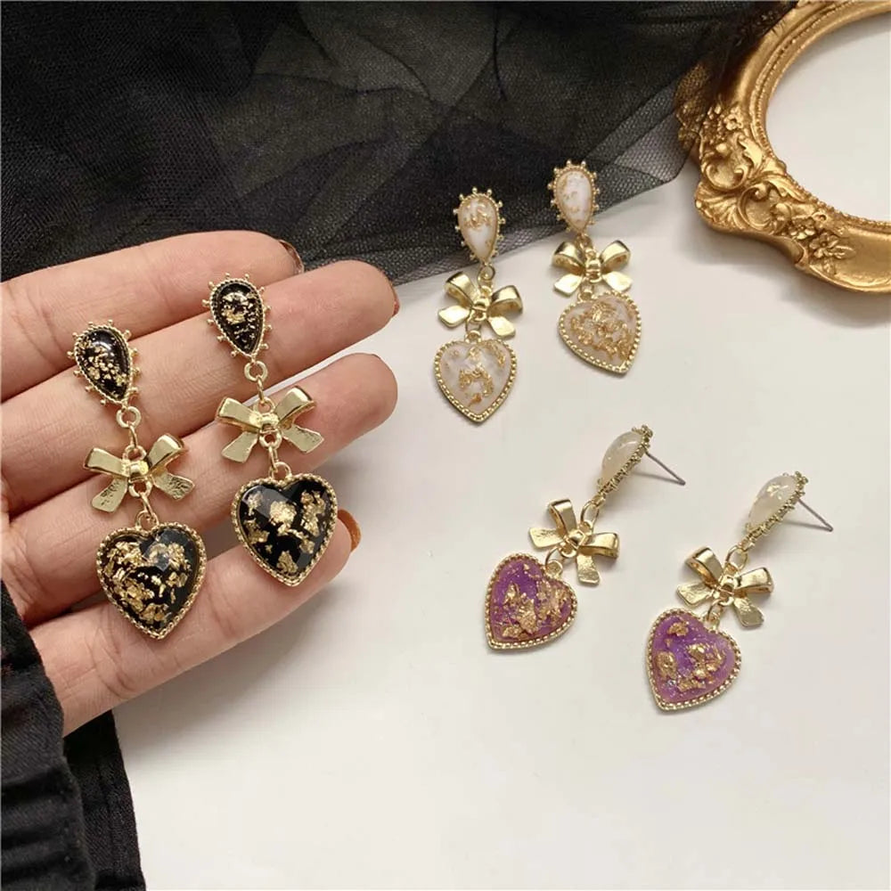 Golden Bowknot Heart Resin Earrings – Korean Valentine's Day Jewelry Gift