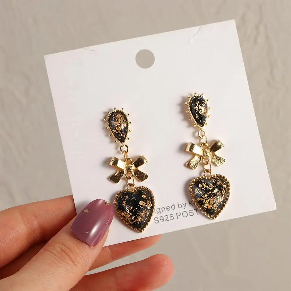 Golden Bowknot Heart Resin Earrings – Korean Valentine's Day Jewelry Gift