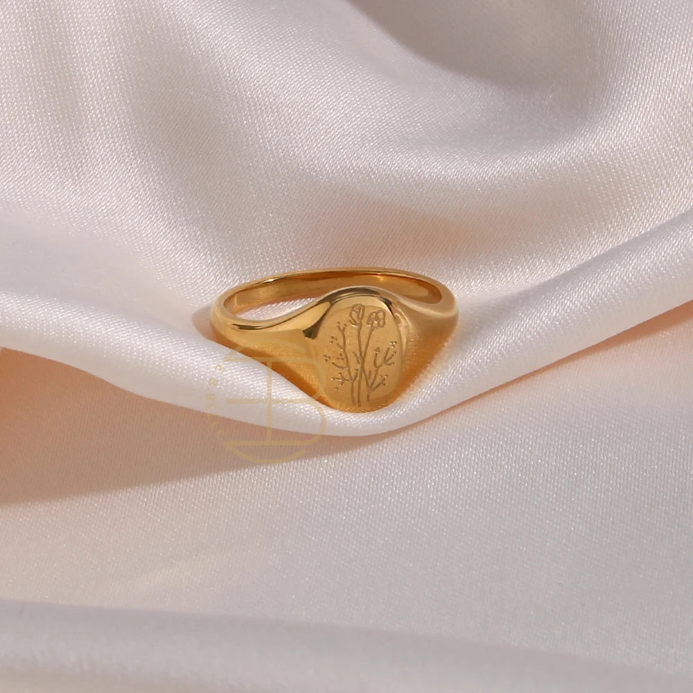 E.B.belle Tarnish-Free 18K Gold Plated Wildflower Signet Rings for Women