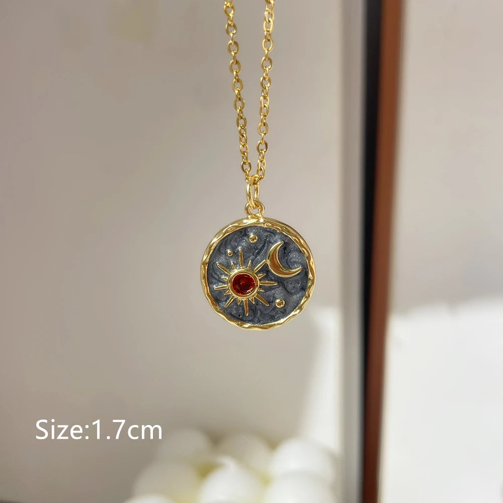 HangZhi Gray Enamel Star & Sun Pendant Necklace - Stainless Steel Clavicle Chain Jewelry