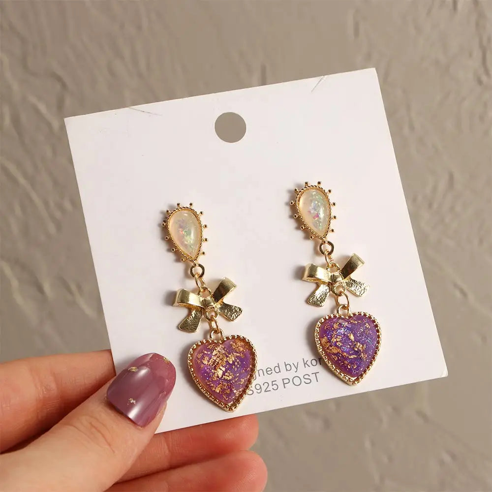 Golden Bowknot Heart Resin Earrings – Korean Valentine's Day Jewelry Gift