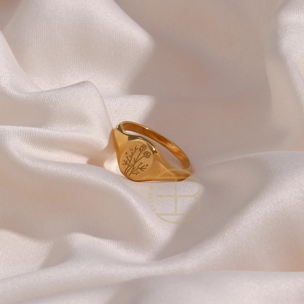 E.B.belle Tarnish-Free 18K Gold Plated Wildflower Signet Rings for Women