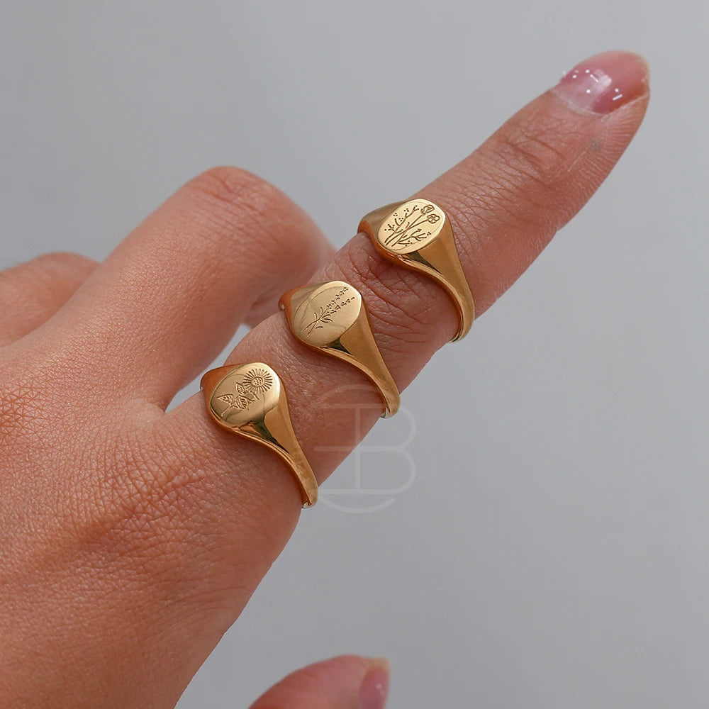 E.B.belle Tarnish-Free 18K Gold Plated Wildflower Signet Rings for Women