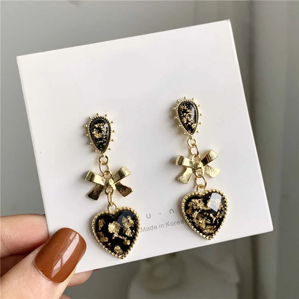 Golden Bowknot Heart Resin Earrings – Korean Valentine's Day Jewelry Gift