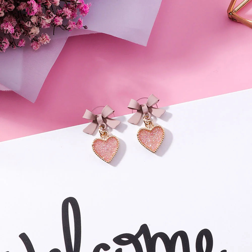 Golden Bowknot Heart Resin Earrings – Korean Valentine's Day Jewelry Gift