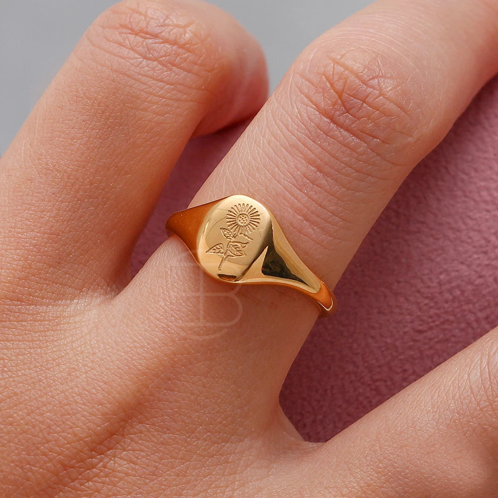 E.B.belle Tarnish-Free 18K Gold Plated Wildflower Signet Rings for Women