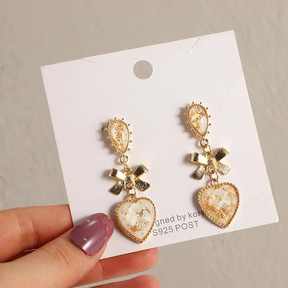 Golden Bowknot Heart Resin Earrings – Korean Valentine's Day Jewelry Gift