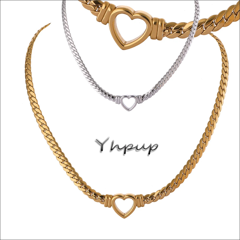 Yhpup Stainless Steel Heart Chain Necklace - Waterproof Fashion Jewelry for Women