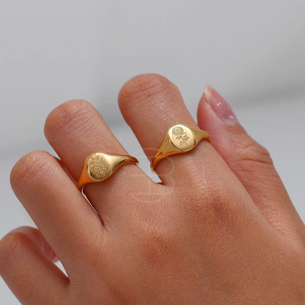 E.B.belle Tarnish-Free 18K Gold Plated Wildflower Signet Rings for Women