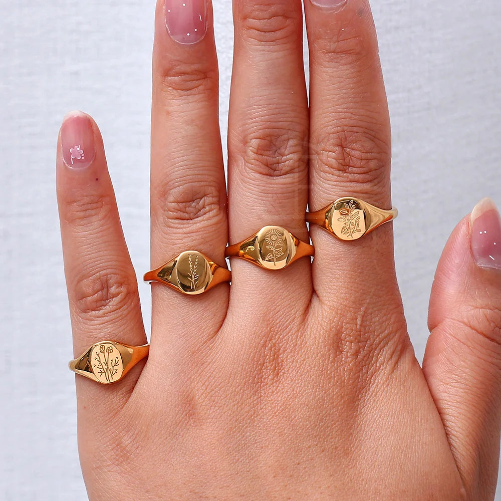 E.B.belle Tarnish-Free 18K Gold Plated Wildflower Signet Rings for Women