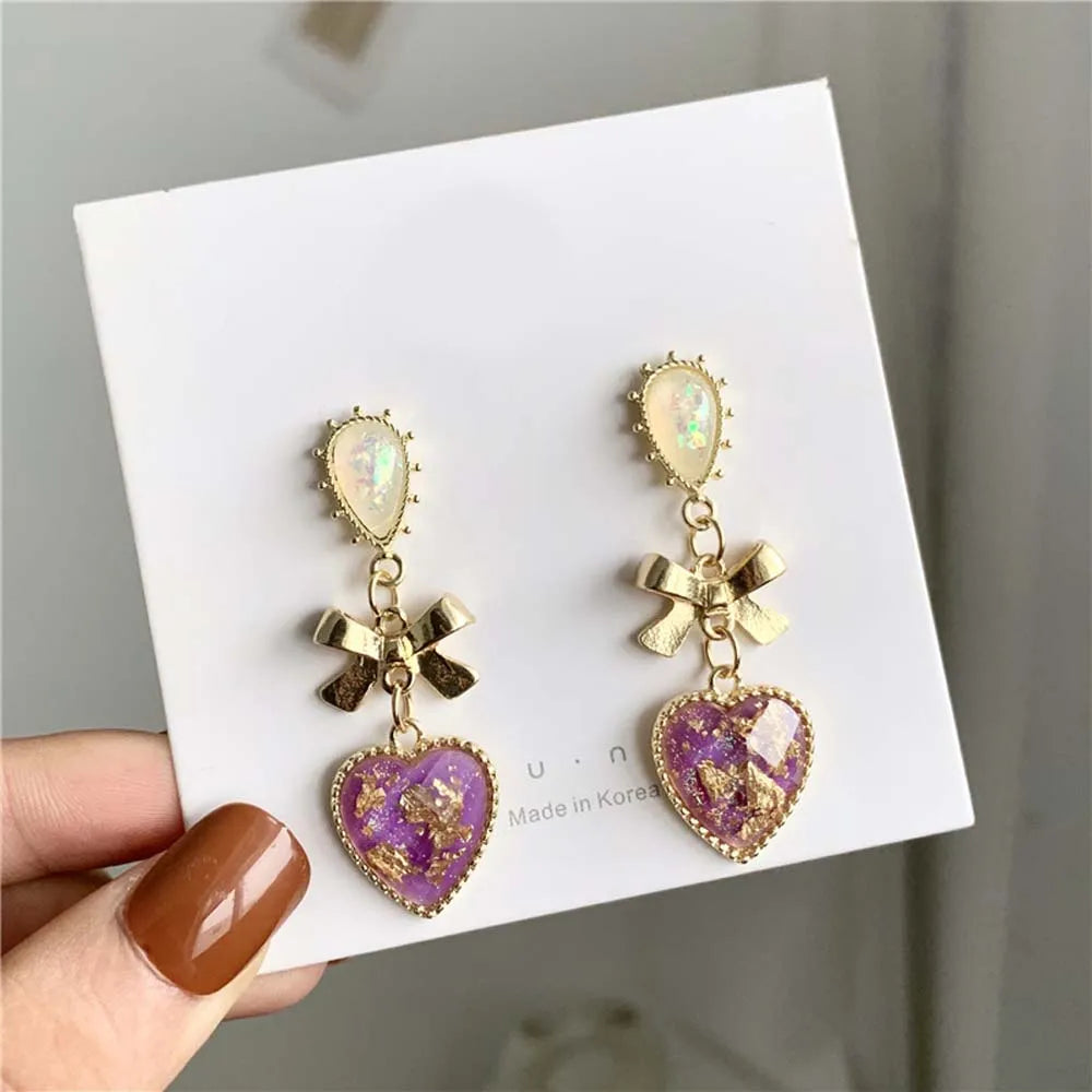 Golden Bowknot Heart Resin Earrings – Korean Valentine's Day Jewelry Gift