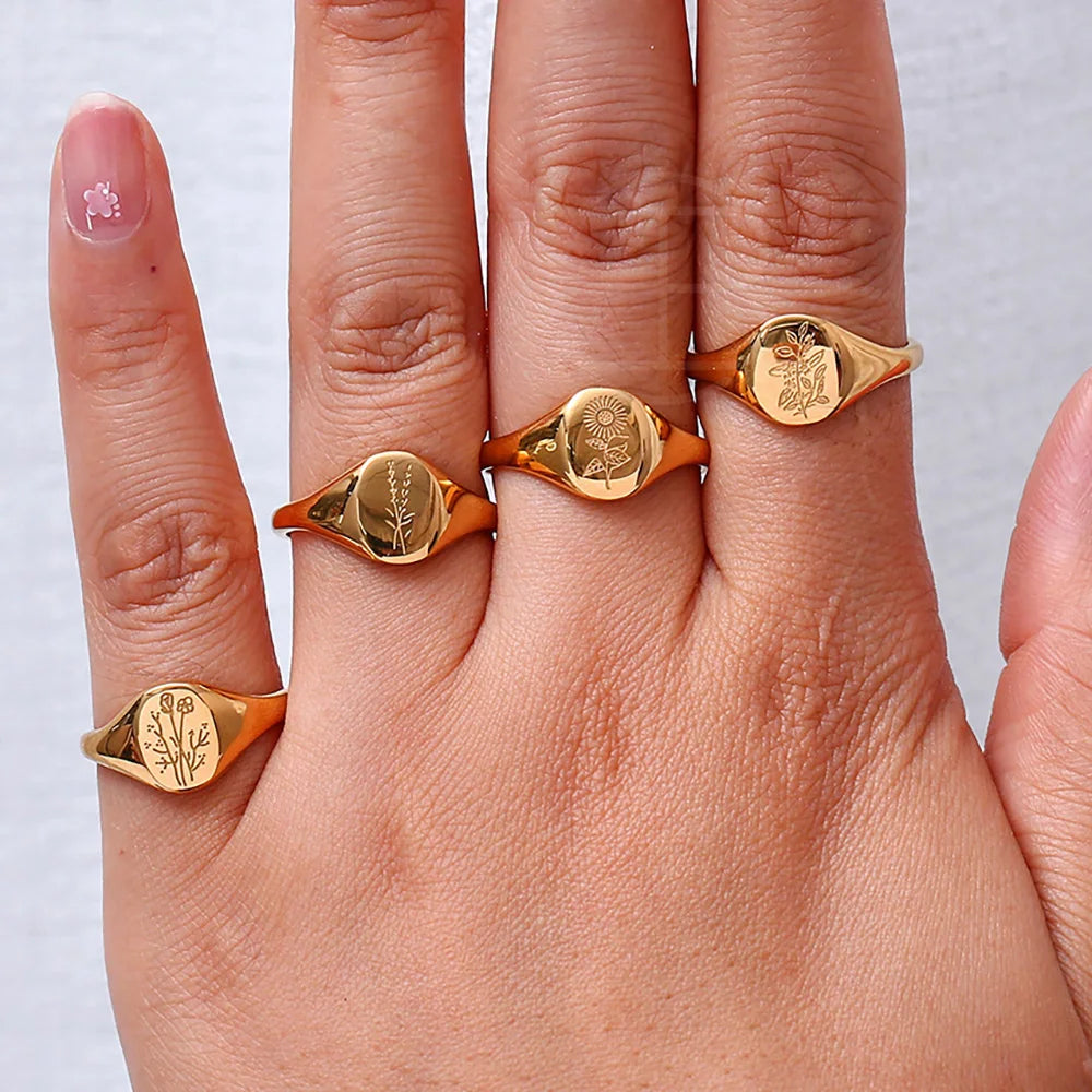 E.B.belle Tarnish-Free 18K Gold Plated Wildflower Signet Rings for Women