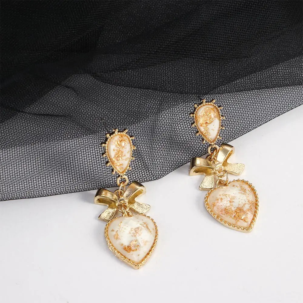 Golden Bowknot Heart Resin Earrings – Korean Valentine's Day Jewelry Gift