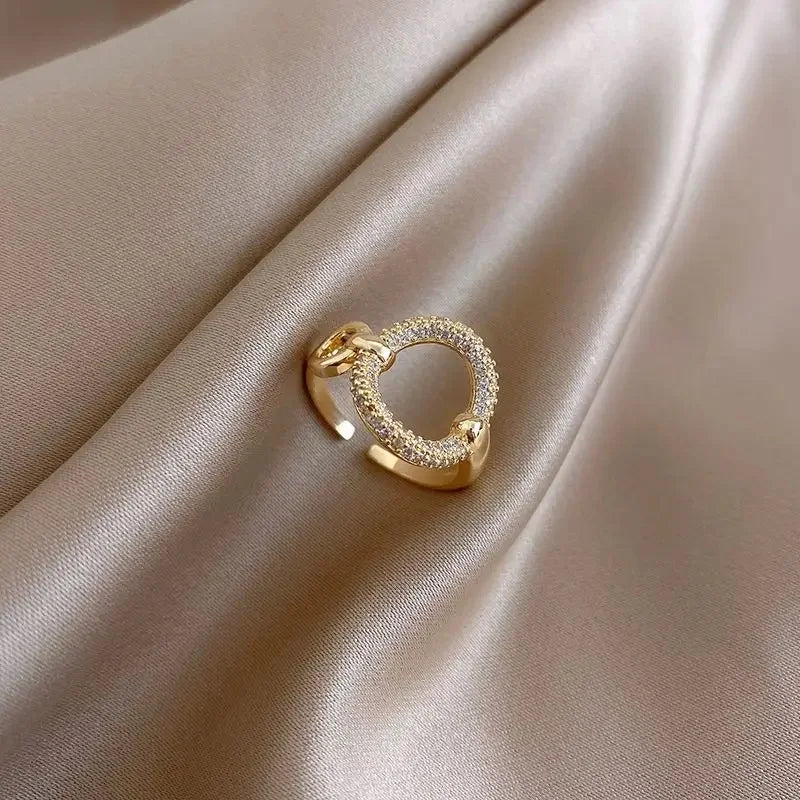 14K Gold Plated Double Love Crystal Ring – Elegant Korean Fashion Jewelry