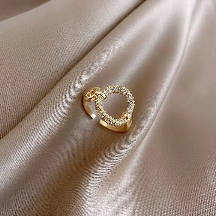 14K Gold Plated Double Love Crystal Ring – Elegant Korean Fashion Jewelry