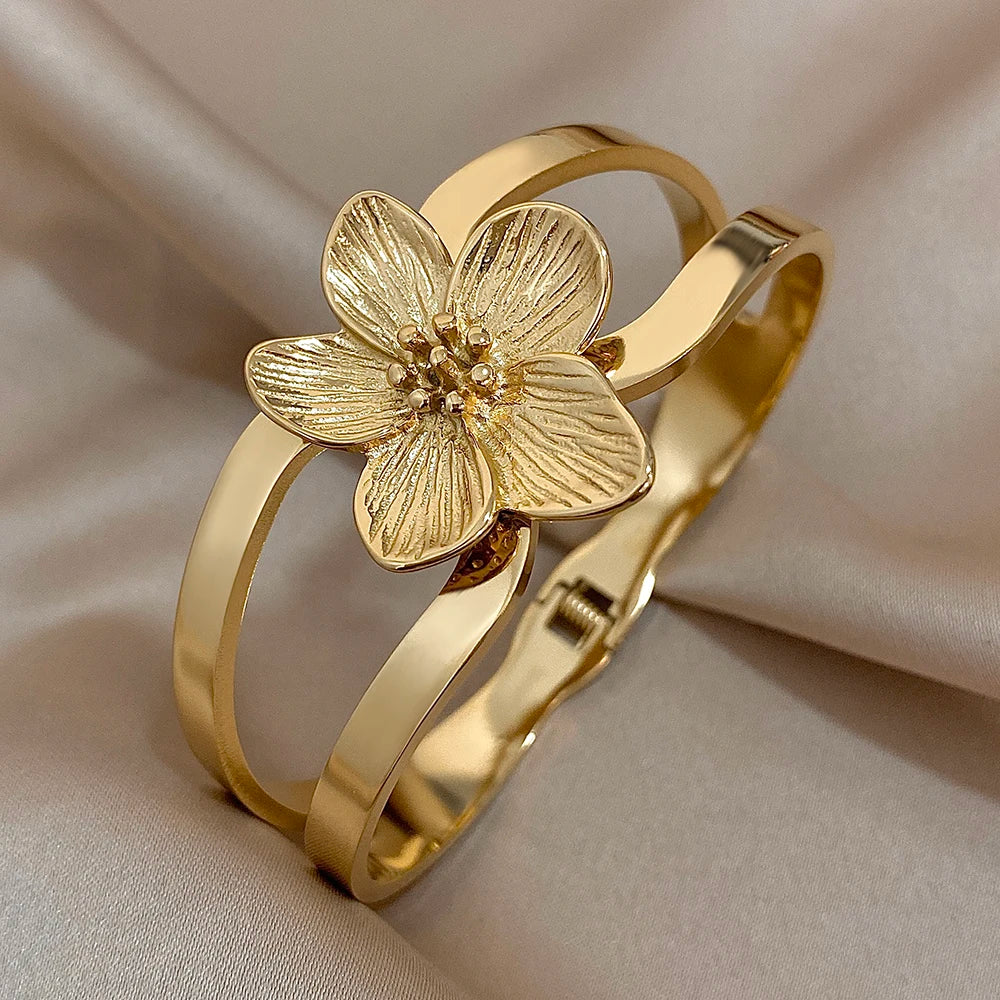 Greatera Chunky Gold-Plated Flower Cuff Bracelet - Waterproof Jewelry for Women