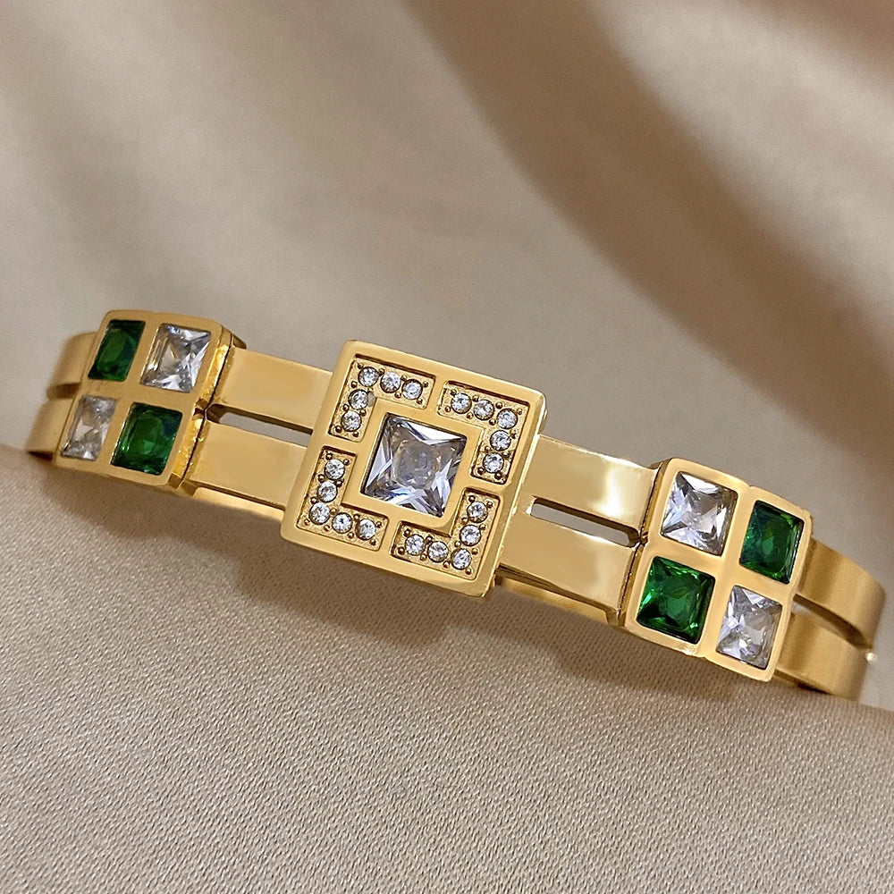 Luxury Emerald Green & White Zircon Stainless Steel Bangle - Waterproof Cuff Bracelet