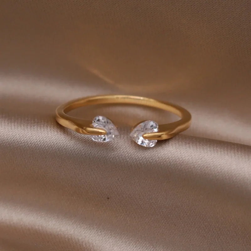 14K Gold Plated Double Love Crystal Ring – Elegant Korean Fashion Jewelry