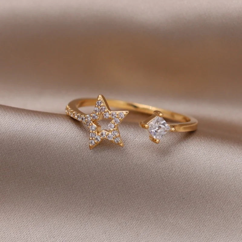 14K Gold Plated Double Love Crystal Ring – Elegant Korean Fashion Jewelry