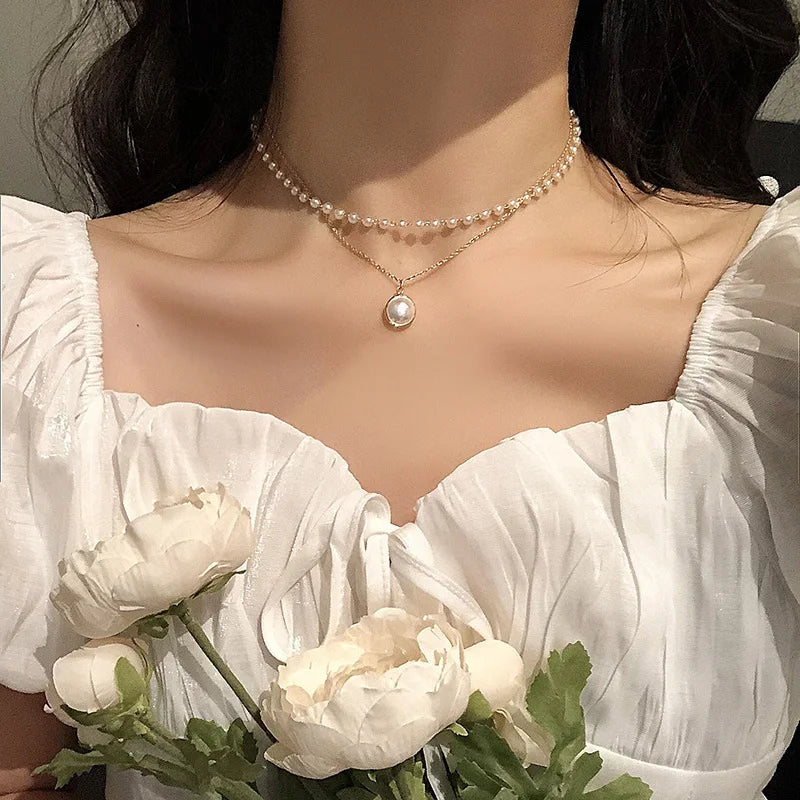 LATS Kpop Pearl Choker Necklace - Gold Gothic Pendant Jewelry for Women & Girls