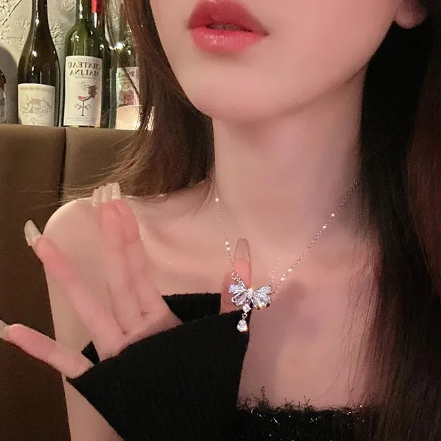 Korean Fashion Pink Crystal Heart Bow Tie Pendant