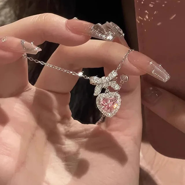 Korean Fashion Pink Crystal Heart Bow Tie Pendant