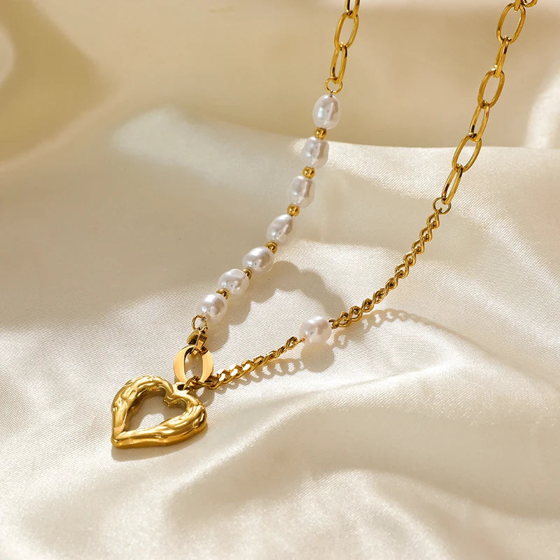 EILIECK Pearl Heart Pendant Necklace - 316L Stainless Steel Trendy Jewelry